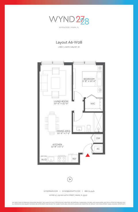 Floor plan for 1 bed, 1 bath, 685 sqft